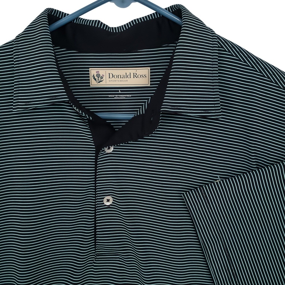 Donald Ross Polo Shirt Mens Large Teal Striped Performance Golf Short Sleeve